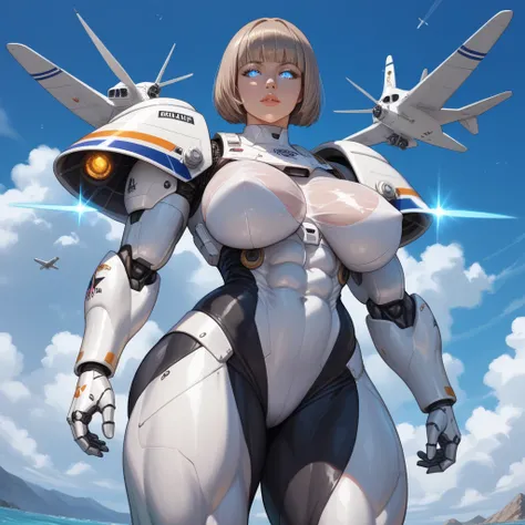 Mathilda, Robotic white skinned woman, Bob cut Light Brown Hair, Large Breast, Voluptuous muscular Build, wide hipped, thick muscular thighs, wearing Light Gray Medium Armor, Wearing a winged jetpack, iridescent Blue glowing glass eyes, standing on an airc...