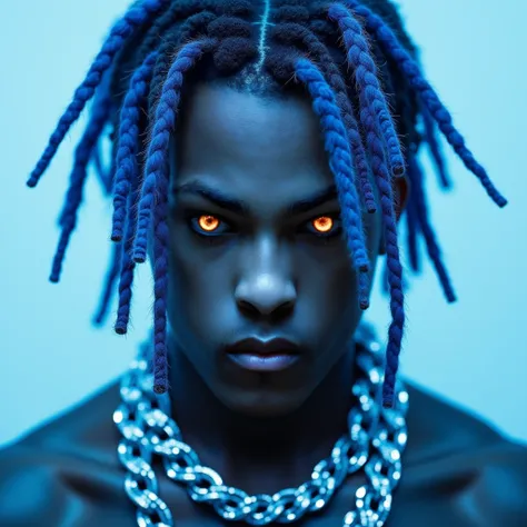 Generate my an picture of the famous rapper XXXTentacion with blue dreadlocks and glowing blue eyes who looks serious into the camera and wears an icedout chain