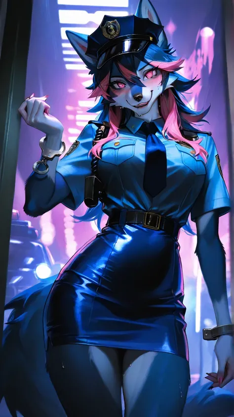  police office, one female furry, all navy dark blue fur, dark blue hair on head, pink hair tips highlights, spikey hair, long hair,  pink eyes, spikey hair, medium breast, sexy wolf furry, sexy wolf furry, blushing, lingerie kimono , high lights,(light co...