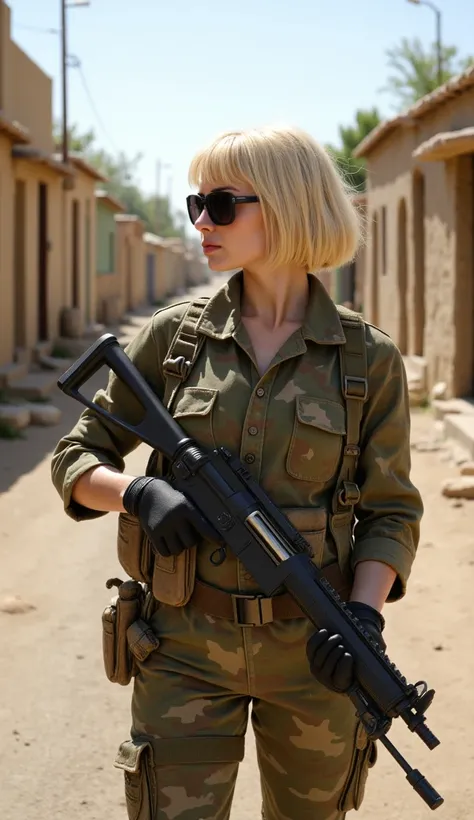 A beautiful Czech woman as a mercenary, 20 years old, sexy, big boobs, with blonde bob-styled hair and wearing dark sunglasses. She is dressed in a rugged camouflage outfit suited for mercenary missions, blending into her surroundings. A black-market rifle...