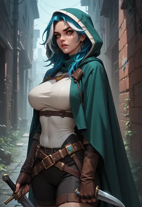  long white and blue hair with large firm breasts(voluptuous), (heterochromia: 1gold, 1blue), nasty scar over left eye, rogue, cloak, hood up, holding a dagger, alley background