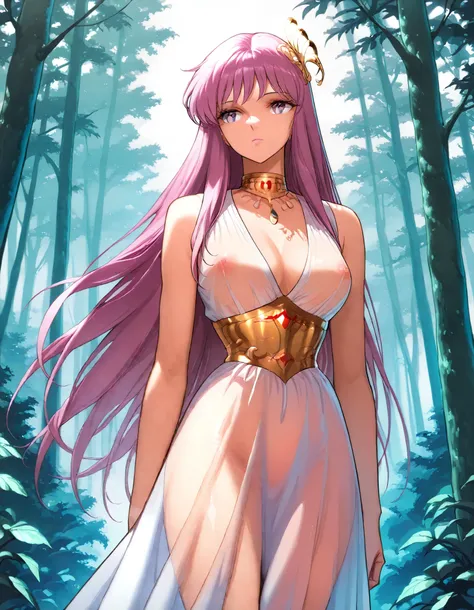 score_9, score_8_up, score_7_up,(nsfw:1.5),1girl,solo,athenakido, (see-though sleeveless dress:1.6), athena accessories,BREAK,standing,cowboy shot,from front,focus face,outdoor,forest