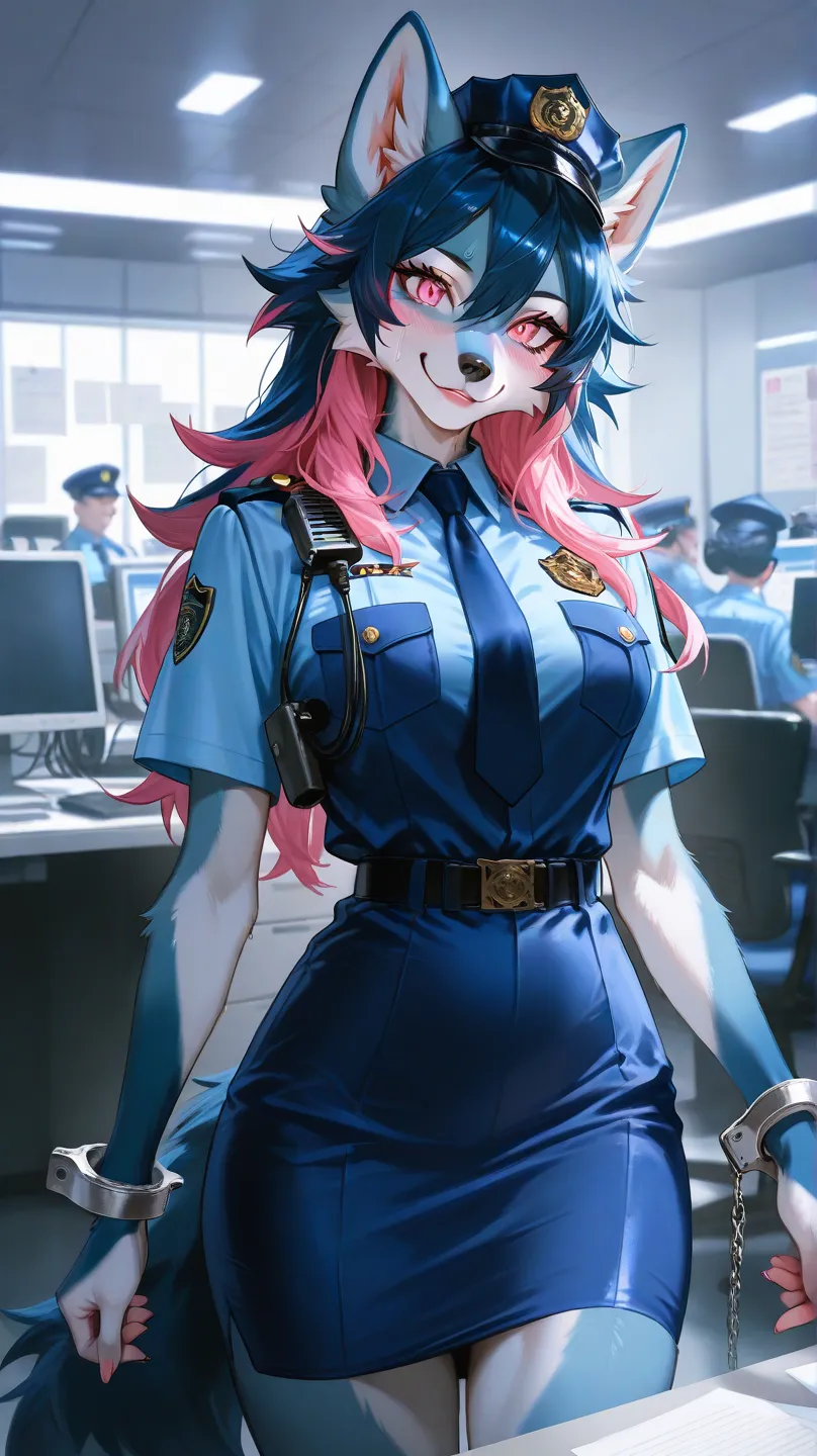  police office, office, bright lights, office paper, computers,one female furry, all navy dark blue fur, dark blue hair on head, pink hair tips highlights, spikey hair, long hair,  pink eyes, spikey hair, medium breast, sexy wolf furry, sexy wolf furry, bl...