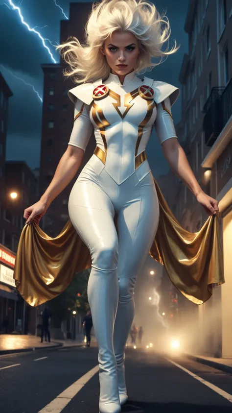  Woman, storm (Storm), Marvel,  voluminous white hair ,  Dark eyes,  white costume with gold details,  X-Men badge on the shoulders , posing with energy , walking down the street at night,  lightning light on the background ,  urban environment, comic book...