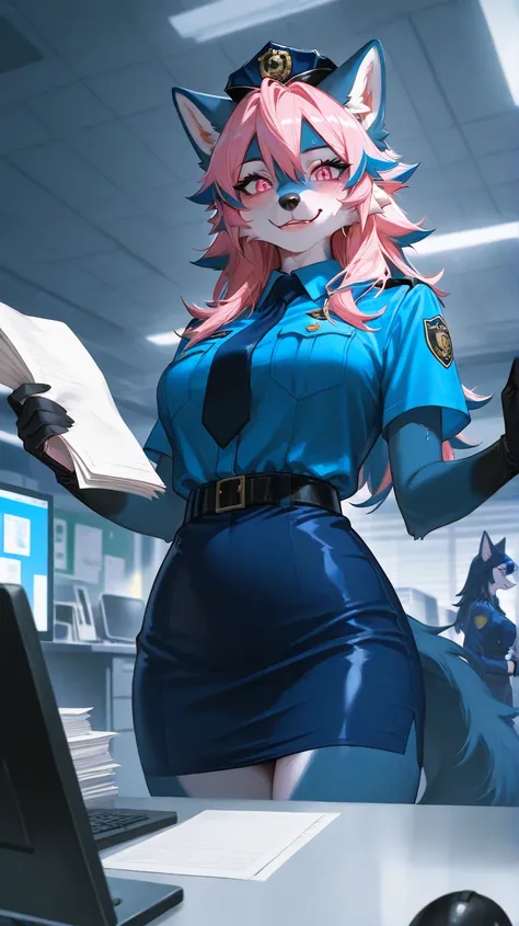  police office, office, bright lights, office paper, computers,one female furry, all navy dark blue fur, dark blue hair on head, pink hair tips highlights, spikey hair, long hair,  pink eyes, spikey hair, medium breast, sexy wolf furry, sexy wolf furry, bl...