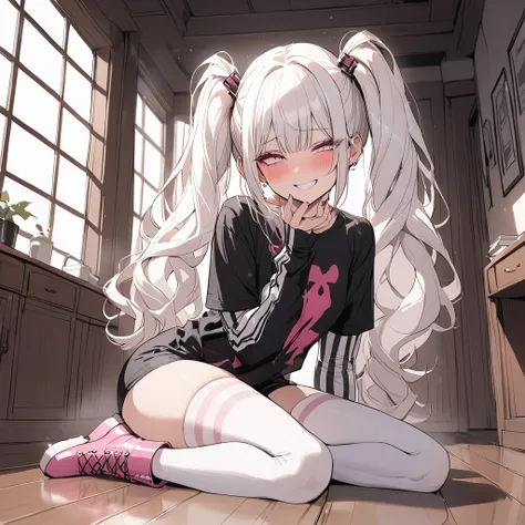 woman, Holo-Punk Style, perfect white hair, masterpiece, best quality, indoors,shy, grin, messy twintails, makeup, standing, posing, blush, black t-shirt, white striped sleeves, stocking, pink boots, sending a kiss, dinamic poses, sitting on the floor