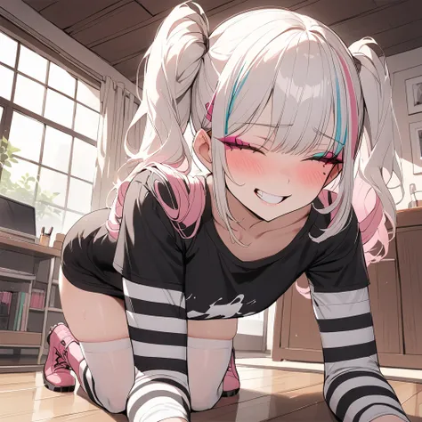 woman, Holo-Punk Style, perfect white hair, masterpiece, best quality, indoors,shy, grin, messy twintails, makeup, standing, posing, blush, black t-shirt, white striped sleeves, stocking, pink boots, sending a kiss, dinamic poses, crawling on the floor