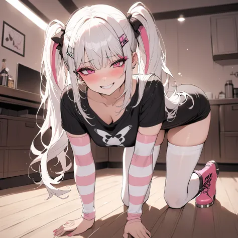 woman, Holo-Punk Style, perfect white hair, masterpiece, best quality, indoors,shy, grin, messy twintails, makeup, standing, posing, blush, black t-shirt, white striped sleeves, stocking, pink boots, sending a kiss, dinamic poses, crawling on the floor