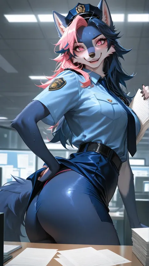  police office, office, bright lights, office paper, computers,one female furry, all navy dark blue fur, dark blue hair on head, pink hair tips highlights, spikey hair, long hair,  pink eyes, spikey hair, medium breast, sexy wolf furry, sexy wolf furry, bl...