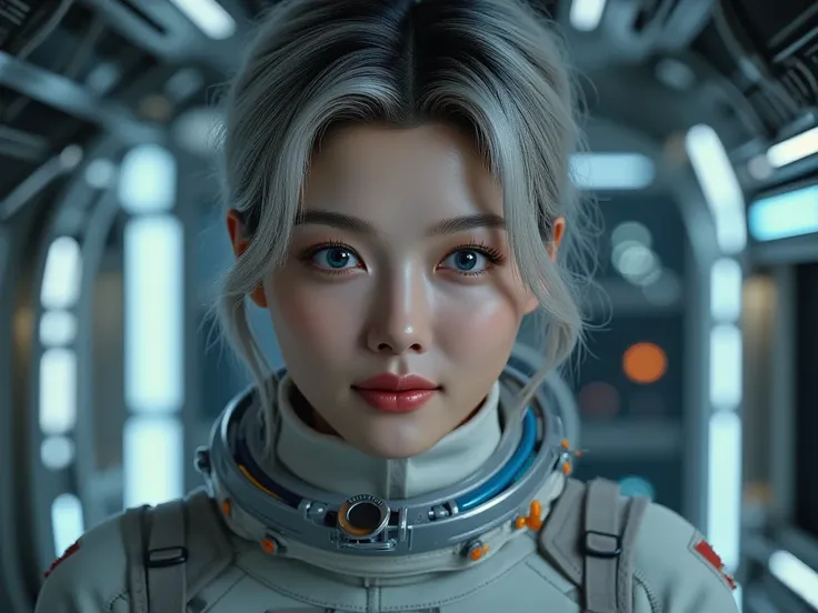 Close-up of a better masterpiece ,Space and astronauts, Messy silver hair, blue eyes , a female astronaut working Inside the spacecraft, metallic space station. 