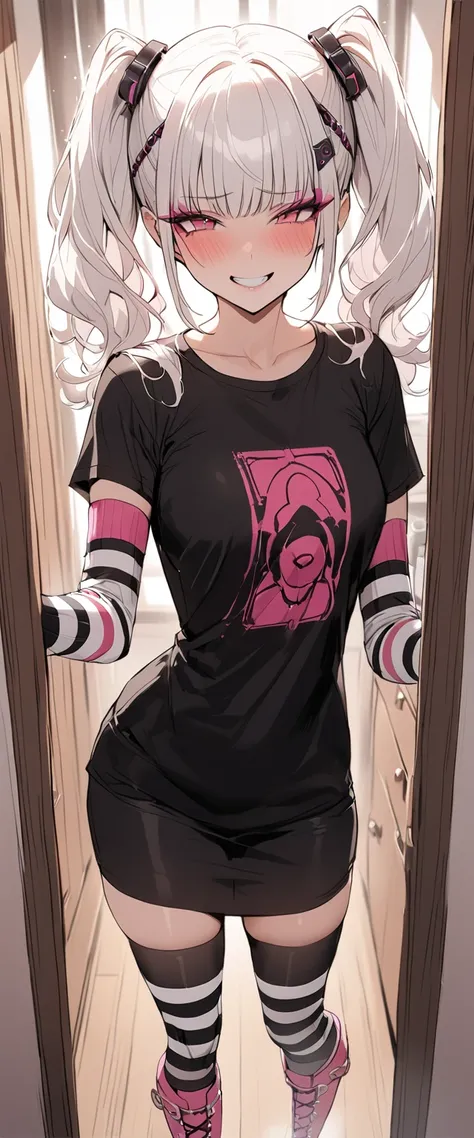 woman, Holo-Punk Style, perfect white hair, masterpiece, best quality, indoors,shy, grin, messy twintails, makeup, standing, posing, blush, black t-shirt, white striped sleeves, stocking, pink boots, walking, dinamic poses