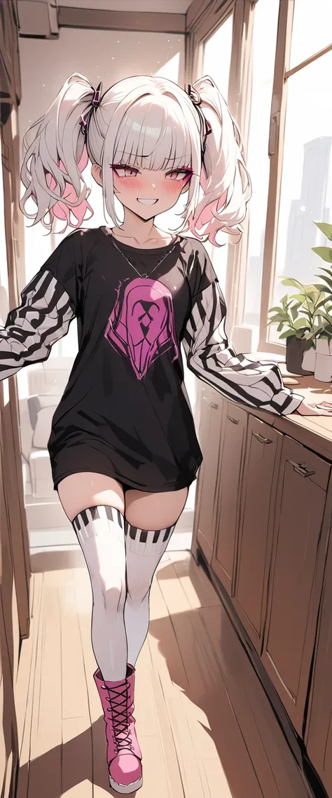 woman, Holo-Punk Style, perfect white hair, masterpiece, best quality, indoors,shy, grin, messy twintails, makeup, standing, posing, blush, black t-shirt, white striped sleeves, stocking, pink boots, walking, dinamic poses