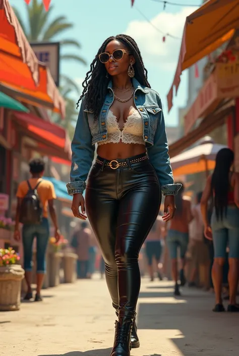 A curvaceous Black woman in a cropped structured denim jacket with distressed detailing over a delicate, lace-trimmed ivory bodysuit, paired with high-waisted leather mini pants and block-heeled ankle boots. She accessorizes with a bold chain-link belt and...