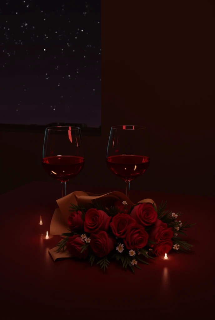 Create a romantic scene at night ,  of a Valentine's Day dinner in which only two glasses of wine can be seen, and food, a bouquet of red roses wrapped in brown Kraft paper with small white flowers 