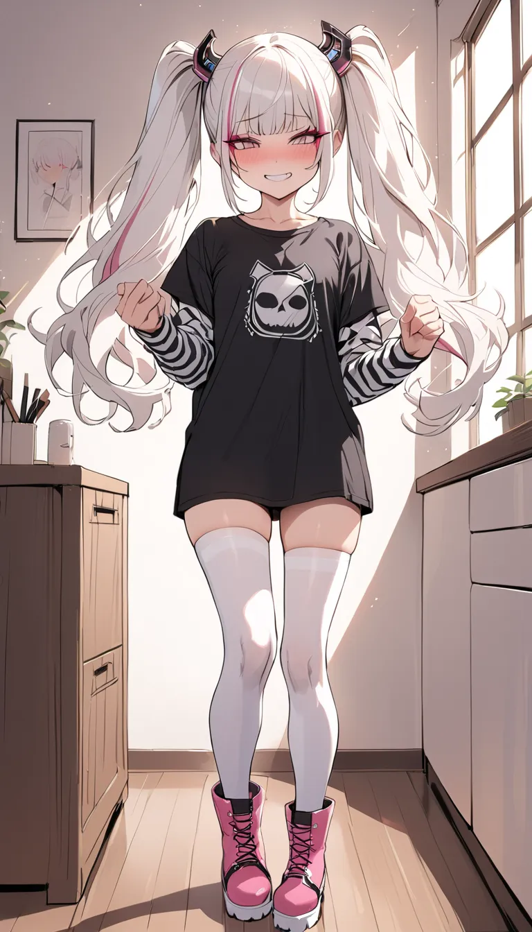 woman, Holo-Punk Style, perfect white hair, masterpiece, best quality, indoors,shy, grin, messy twintails, makeup, standing, posing, blush, black t-shirt, white striped sleeves, stocking, pink boots, walking, dinamic poses