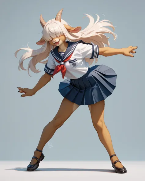 school girl , furry female goat , geek , Introvert , long hair , bangs , hair over eyes , school uniform , bold action , ballet pose