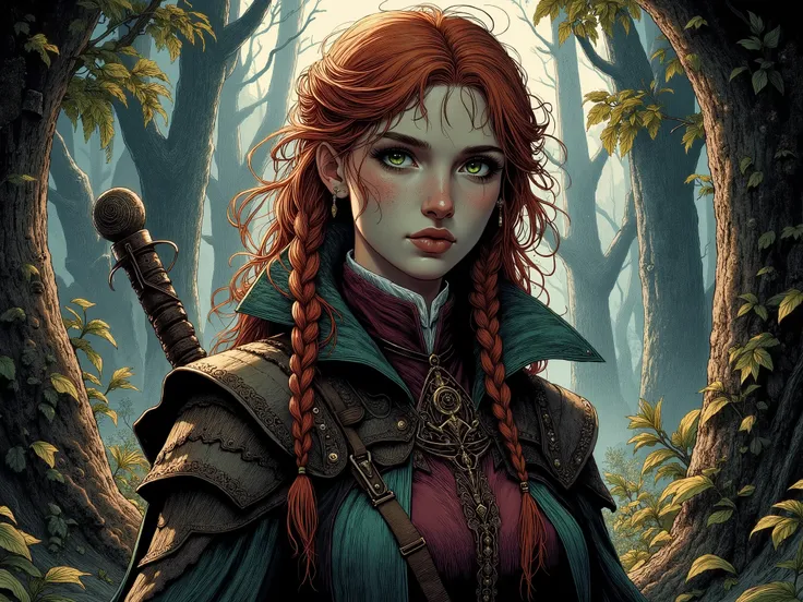  dark fantasy art style .  A girl,  green eyes, Your hair is red and long with braids,  wears simple clothes , shabby clothes with leather parts and animal skin, Close to your s ,  very young,  ager. Your expression is firmly motivated, She looks forward a...