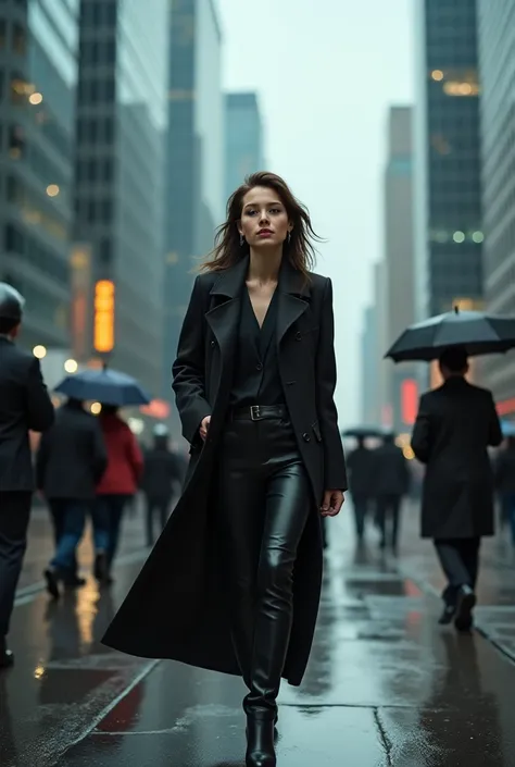 Realistic photo of a woman on the street on a rainy day in the big city 