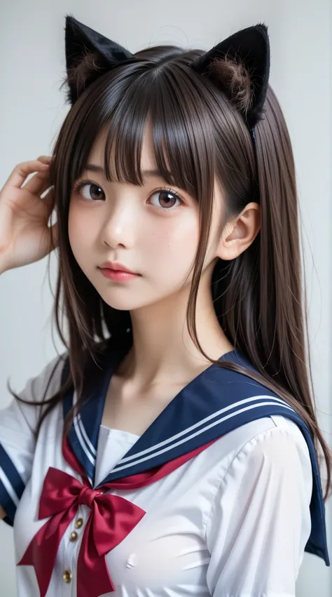 (((( Japanese sailor girl middle school student、round face、 sailor collar ))))、((((((Bundle your back hair with both hands))))))、 close-up face、 side view 、 Navy Blue Ruffle Skirt、sailor red ribbon、Cat ears, Beautiful messy hair), beautiful medium hair,  e...