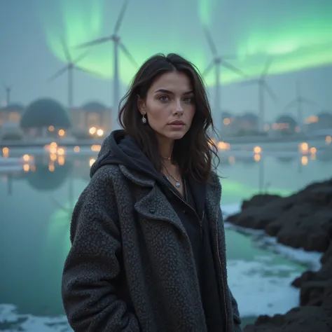 (masterpiece, ultra-detailed, cinematic, futuristic Reykjavik, year 2100, 
Full-Body Shot, high resolution, 
A poised and mysterious female influencer from 2025, 23 to 28 years old, 
bright expressive eyes, long wavy dark brown hair tucked into a warm, hig...