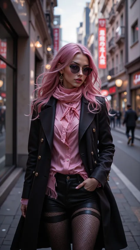  Elegant fashion vanguard clothing in HD quality， with fine eye design ， Stylish and avant-garde pink clothing ， with a black coat ，long hair，In the city， pink hair， purple eyes，Yae Shin Gion ， wears fashionable sunglasses 