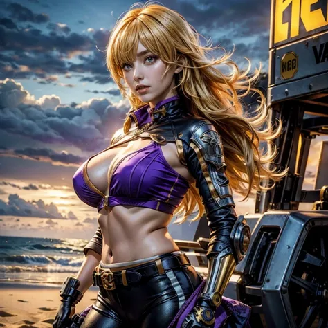 yangxiaolong, yang xiao long, long hair, blonde hair, large breasts, (purple eyes:1.3), ahoge, bangs, BREAK smiling, wearing sportswear, mechanical arms, single mechanical arm, prosthesis, prosthetic arm, BREAK cowboy shot, summers day, standing on beach, ...