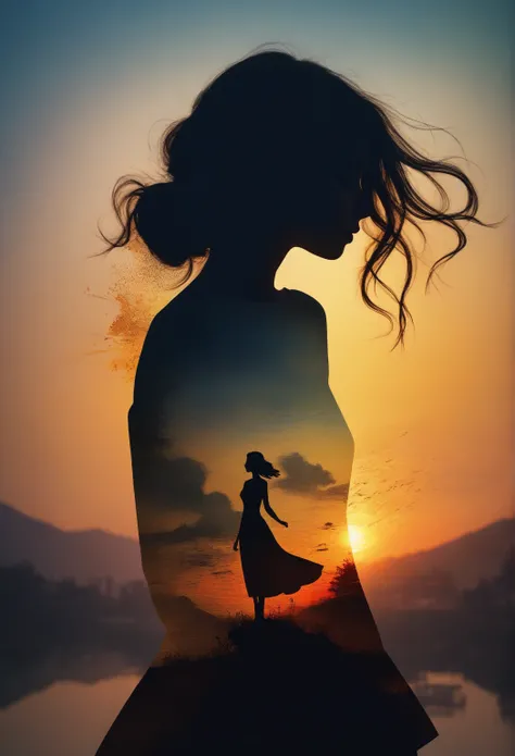  1girl silhouette art, Multiple exposure , sunset, improve, complicated, ( best quality,  Great painting,  special work , formal art, Professional ,  8k module background :1.3)