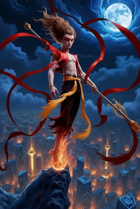 Nezha,A heroic figure, inspired by Spider-Man, stands atop a high-rise building at night, his red and blue suit gleaming under the city lights. The city sprawls below, with skyscrapers reaching into the clouds, and a faint fog curling around the streets. H...