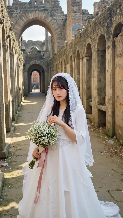 "A ghostly bride standing in the ruins of a forgotten cathedral, her once-beautiful white gown now torn and stained with dried blood. A delicate veil covers her sorrowful face, and from beneath it, crimson tears stream down her cheeks. Her bouquet of black...