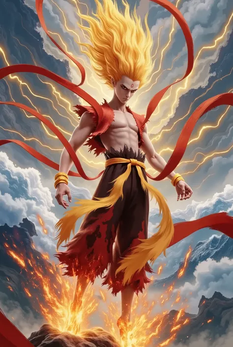 A dynamic and powerful scene showcasing Nezha transformed into a Dragon Ball fighter. Nezha is now wearing a high-tech, armor-like suit inspired by the Dragon Ball universe, complete with a glowing aura that radiates intense energy. His hair is styled in a...