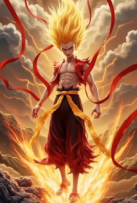 A dynamic and powerful scene showcasing Nezha transformed into a Dragon Ball fighter. Nezha is now wearing a high-tech, armor-like suit inspired by the Dragon Ball universe, complete with a glowing aura that radiates intense energy. His hair is styled in a...