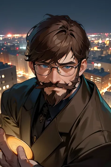 1boy, tokyojie, handsome, blue eyes, glasses, brown goatee beard, brown light mustache, brown hair, night, cityscape, city lights, upper body, close up, 8k, raw photos, best quality, masterpiece, realistic, photo realistic, Solo, High Resolution, Anatomica...