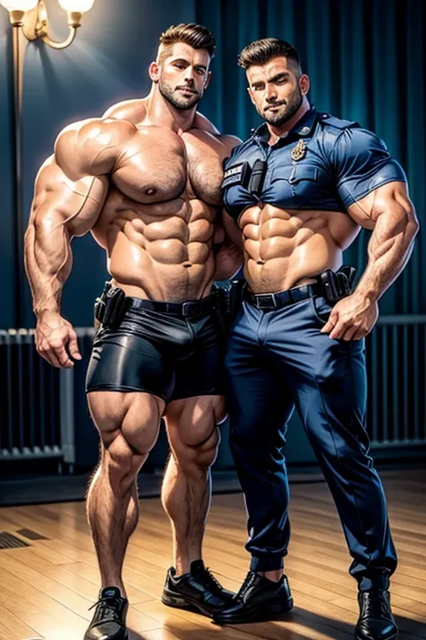 two super musculine muscular 30 years old police officer , fade cute, conjoined body