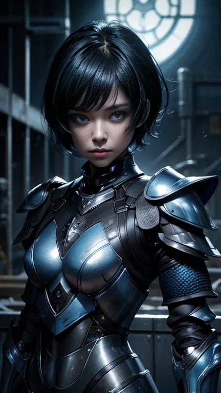 nsfw((( masterpiece))), ((( top quality))), (( ultra high resolution)), (  very detailed pictures  ), (( very delicate and beautiful)),( cute delicate face ), ((High Performance Cyborg Girl  )),(blue and black armor:1.7) , (Inside the Manufacturing Plant),...