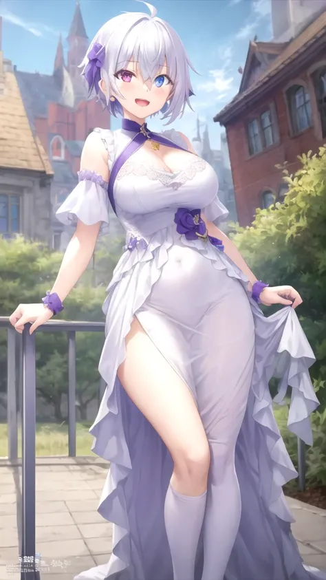 masterpiece, best quality, girl, solo, looking at viewer, tsukasa_mikogami, grey hair, purple eyes, heterochromia, blue eyes, hair between eyes, large breasts, princess connect Re:Dive cosplay, princess Dress, standing, smile, open mouth 