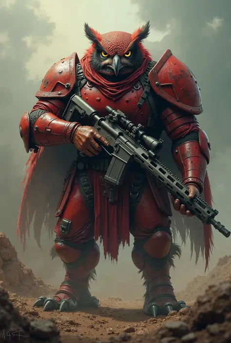 An owl man in red war clothes with a gun in his hand 