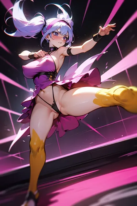 ((((gstring thong)))), ((gigantic breasts)), (transparent erect nipples), (((only body paint pink 
Dress))), ((())), ((slender:1.2)), (gigantic hips), (gigantic buttocks), ((())), ((((the crotch is completely visible)))), (((View from below the body))), BR...