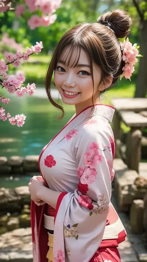  kimono、free、 miko、single bun、Medium breast、smile、Path with cherry blossoms、walk、Bright sunlight、 cinematic writing、 Supreme Masterpiece:1.3、 top quality、Raw photo quality、 super detailed depiction power:1.3、 detailed background 、