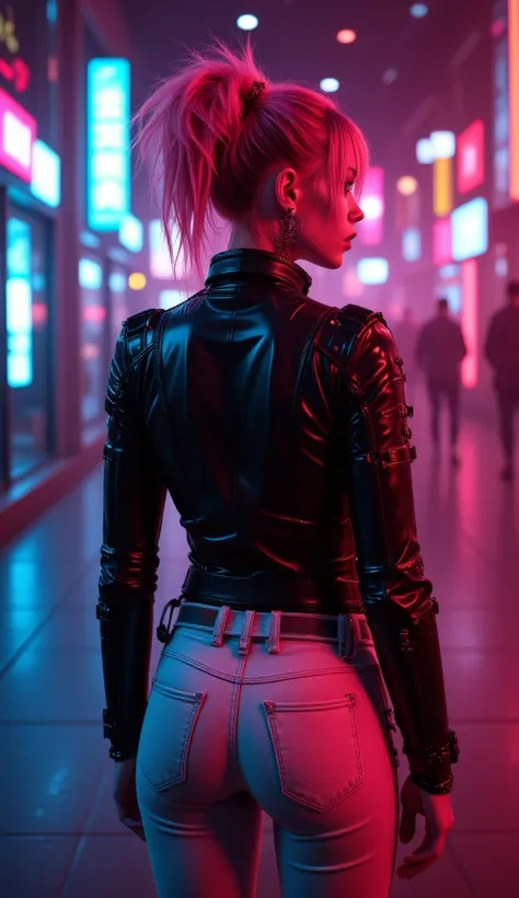 Unreal Engine:1.4,UHD, outfit:1.4,  photorealistic:1.4,  skin texture :1.4,  masterpiece:1.8,Posing from behind Beautiful woman,  red hair,  black leather jacket , sexy, long breasts, Estilo  cyberpunk ,  realistic details , about,  Black leather jacket po...