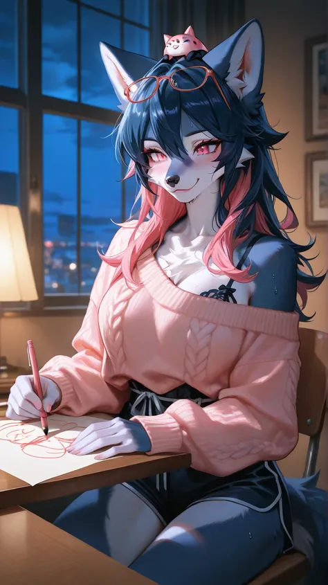 Bedroom, night time, window, valentines theme, one female furry, all navy dark blue fur, dark blue hair on head, dark blue hair, pink hair highlights, spikey hair,  pink eyes, spikey hair, medium breast, sexy wolf furry, sexy wolf furry, blushing, lingerie...