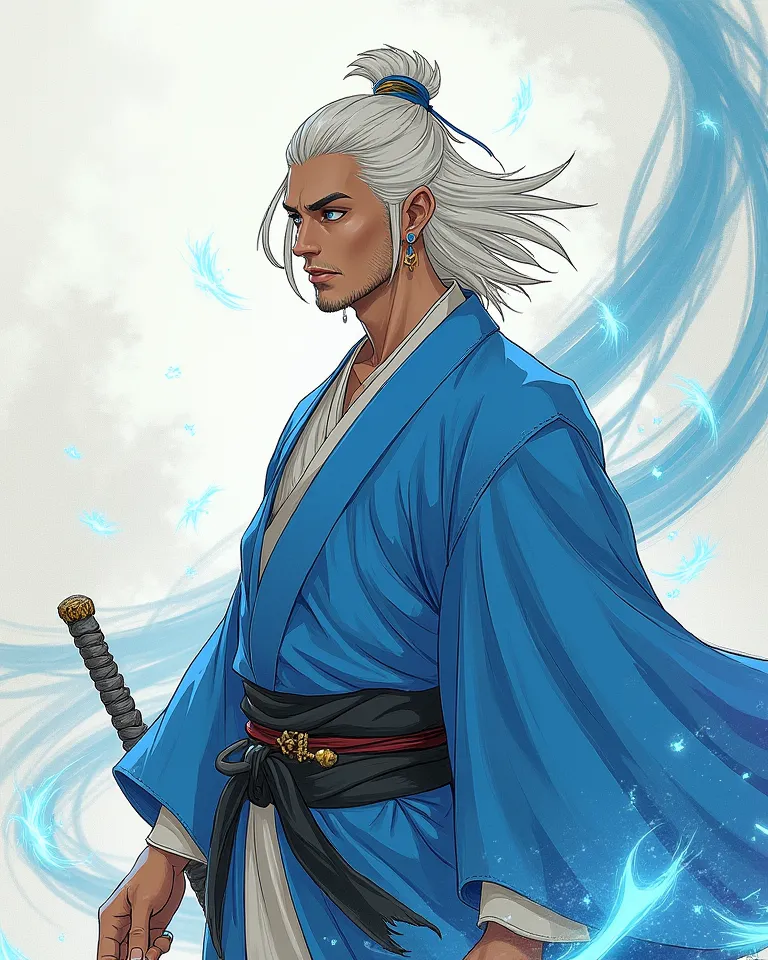 legends of the five rings, homme trente ans, jeune homme shugenja, kami de l'air, cheveux blanc, barbe de trois jours, kimono bleu argent, aspect crayonné