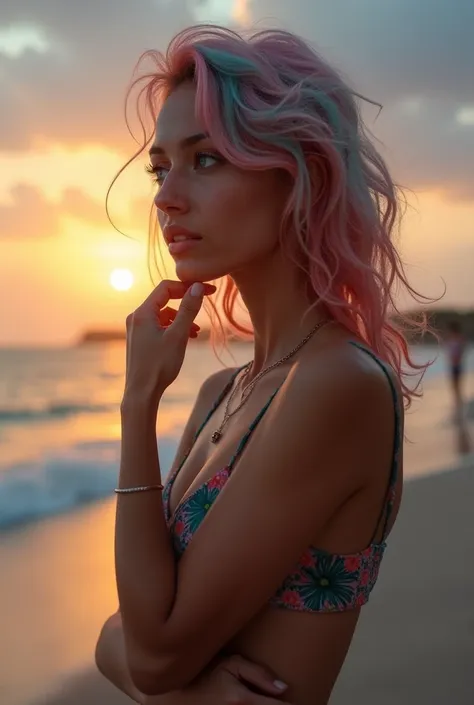 On a magical afternoon on the beach in Fortaleza ,  the sunset light illuminates our unique model , officer.  With her colored hair and eyes of different colors,  she stands out as a true living work of art . officer assume uma pose dramática de perfil, ra...