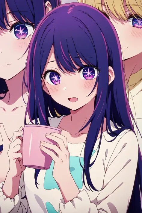    anime girl    with Long Hair and Purple Eyes,    Prue with long hair and purple eyes      , cup,        concept art       ,        best anime girl       ,       Moe-style anime      ,  Close up of Iwakura    ,     Cute anime visual girl   ,     anime gi...