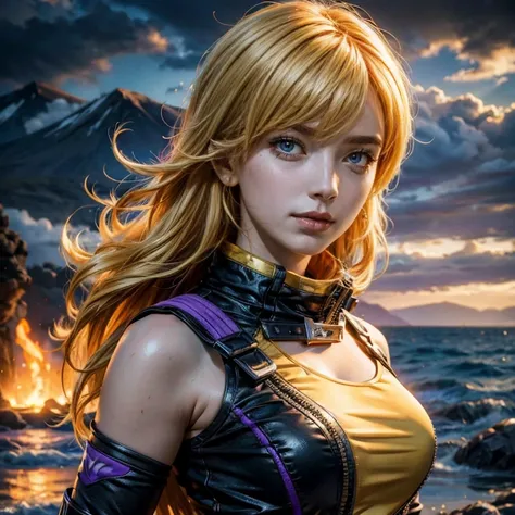 yangxiaolong, yang xiao long, long hair, blonde hair, large breasts, (purple eyes:1.3), ahoge, bangs, BREAK smiling, wearing sportswear, mechanical arms, single mechanical arm, prosthesis, prosthetic arm, BREAK summers day, standing on beach, volcanic moun...