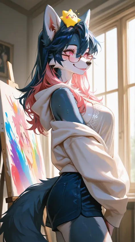 Art studio room, day time, sun shining, window, valentines theme, one female furry, all navy dark blue fur, dark blue hair on head, dark blue hair, pink hair highlights, spikey hair,  pink eyes, spikey hair, medium breast, sexy wolf furry, sexy wolf furry,...