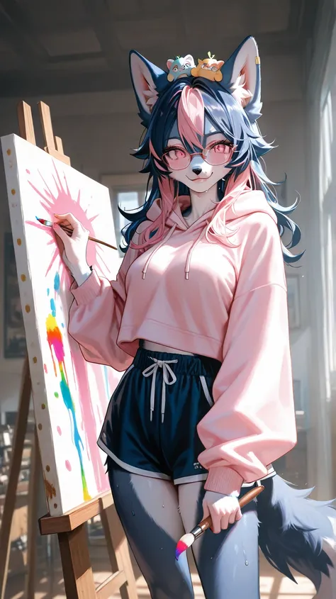 Art studio room, day time, sun shining, window, valentines theme, one female furry, all navy dark blue fur, dark blue hair on head, dark blue hair, pink hair highlights, spikey hair,  pink eyes, spikey hair, medium breast, sexy wolf furry, sexy wolf furry,...