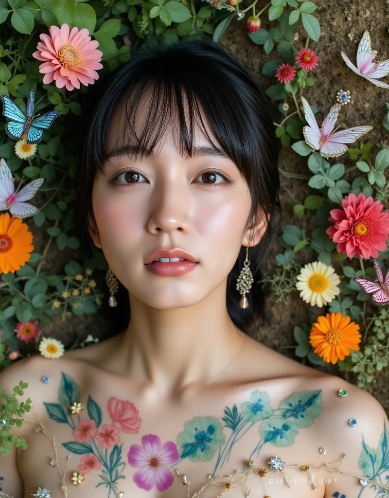 Image of a girl loved by flowers, indescribable beauty, beautiful, ethereal, electrical effects, her skin has chameleonic properties, cuttlefish and octopus, flowers earth butterflies' birds. you don't need clothes or jewelry or create them with the elemen...