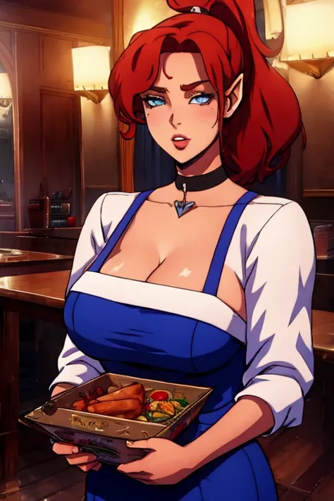 Elf girl, red hair, pelo rojo, ponytail, coleta, blue eyes, ojos azules, gargantilla, chocker waitress dress, waitress. pechos, pechos grandes, breats, huge breasts, pussy, tacones, hig heels, posada, inn, close up, upper body