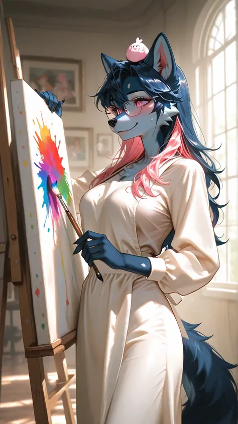 Art studio room, day time, sun shining, window, valentines theme, one female furry, all navy dark blue fur, dark blue hair on head, dark blue hair, pink hair highlights, spikey hair,  pink eyes, spikey hair, medium breast, sexy wolf furry, sexy wolf furry,...