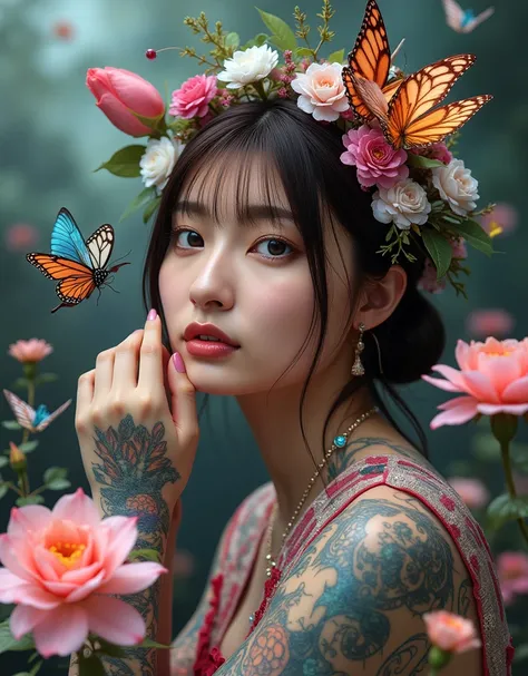 Image of a girl loved by flowers, indescribable beauty, beautiful, ethereal, electrical effects, her skin has chameleonic properties, cuttlefish and octopus, flowers earth butterflies' birds. you don't need clothes or jewelry or create them with the elemen...